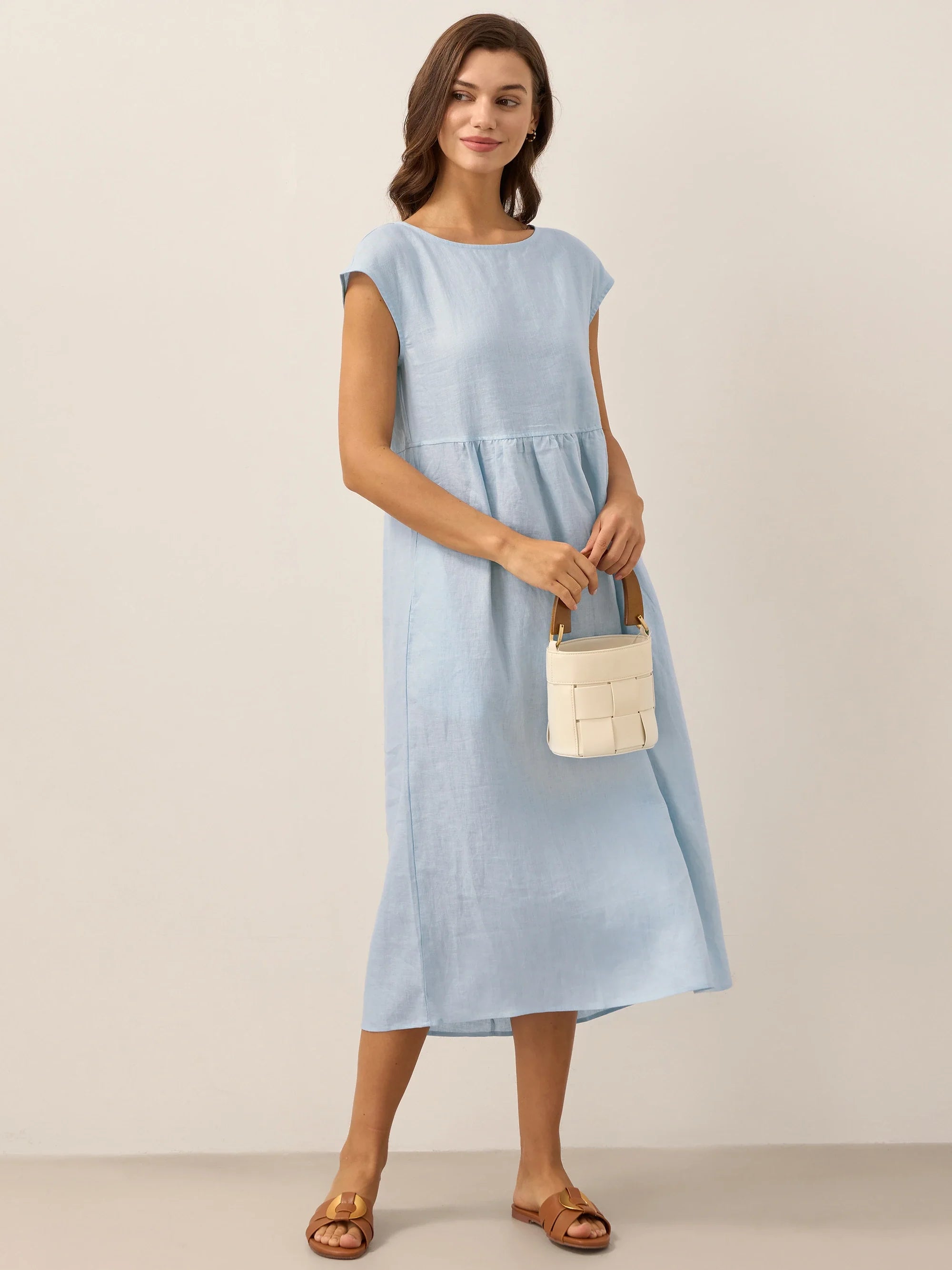 100% Linen Cap Sleeve Washed Maxi Dress JOAN