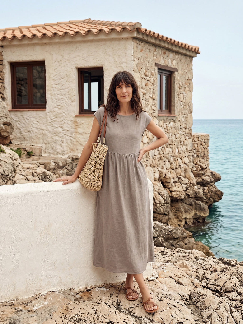 Linen Striped Cap Sleeve Washed Maxi Dress JOAN
