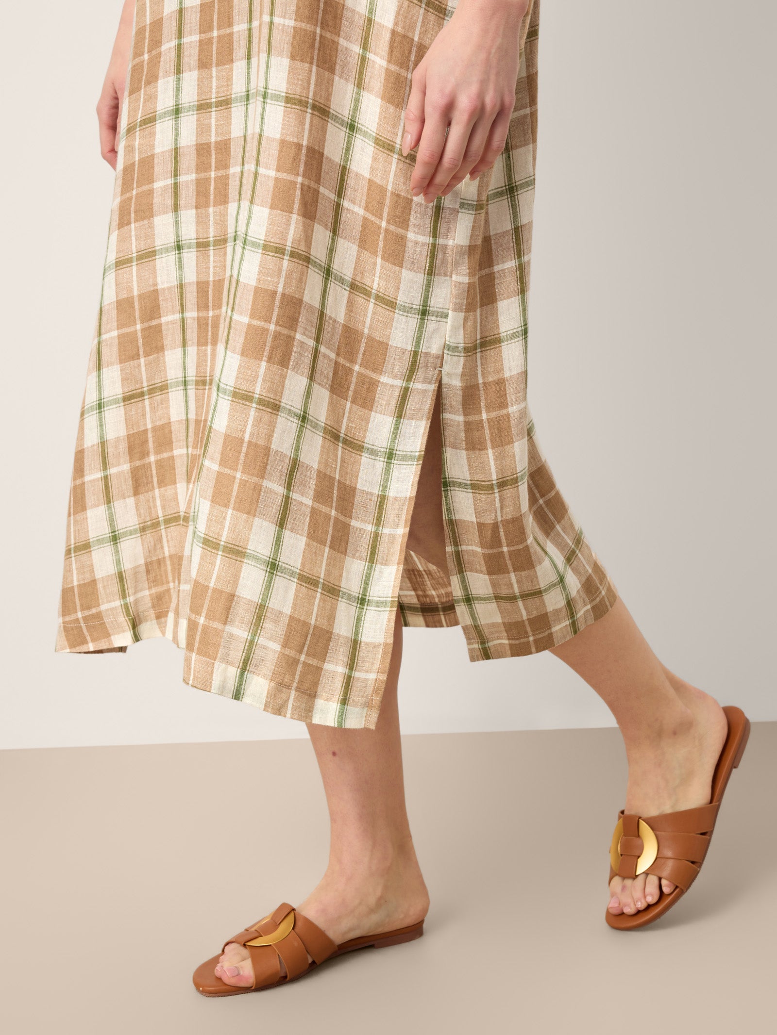 100% Linen Plaid Deep V-Neck Drop Shoulder Side Slit Maxi Dress LESLIE