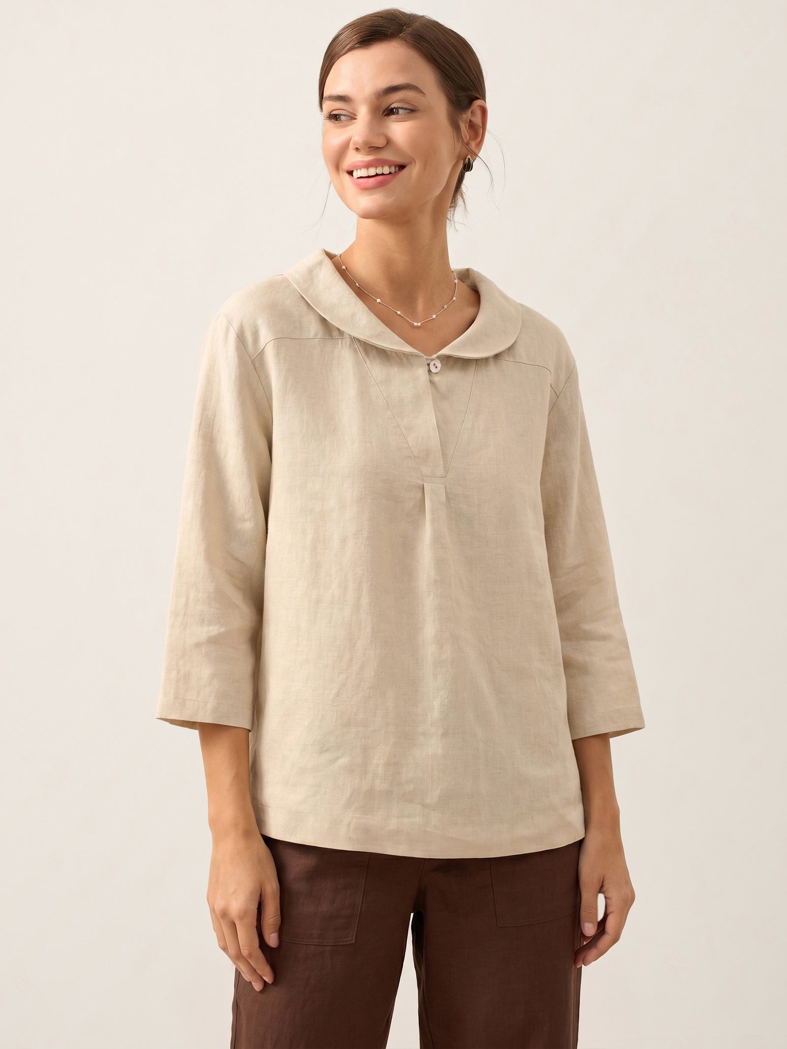 100% Linen Shawl V-Neck Half Sleeve Top JADE