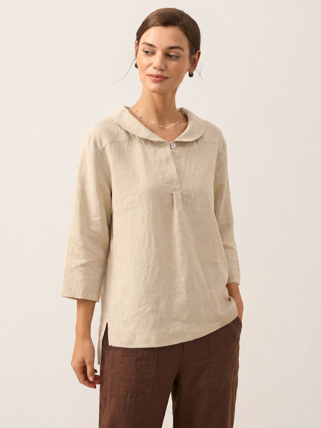100% Linen Shawl V-Neck Half Sleeve Top JADE