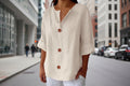 Women's V-Neck Cotton Linen Buttoned Blouse