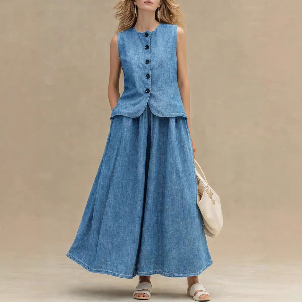 Women's Crew Neck Denim Vest Top & High-Waist A-Line Skirt Set – 3 Colors S–XXL