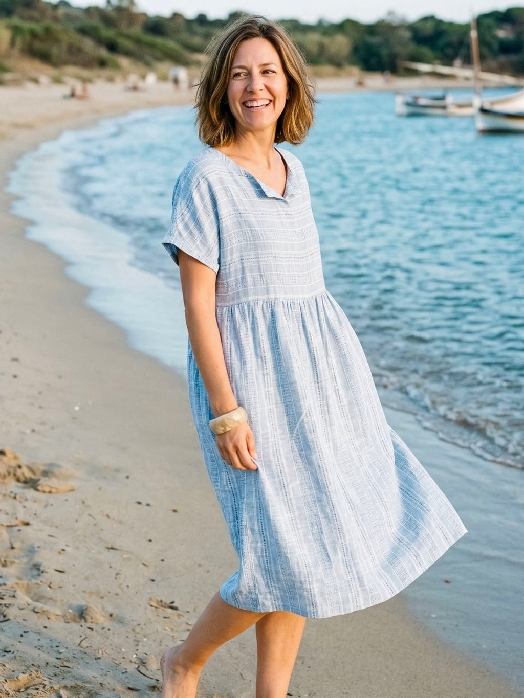 Linen Gathered-Hem Split-Neck Midi Dress SYDNEY