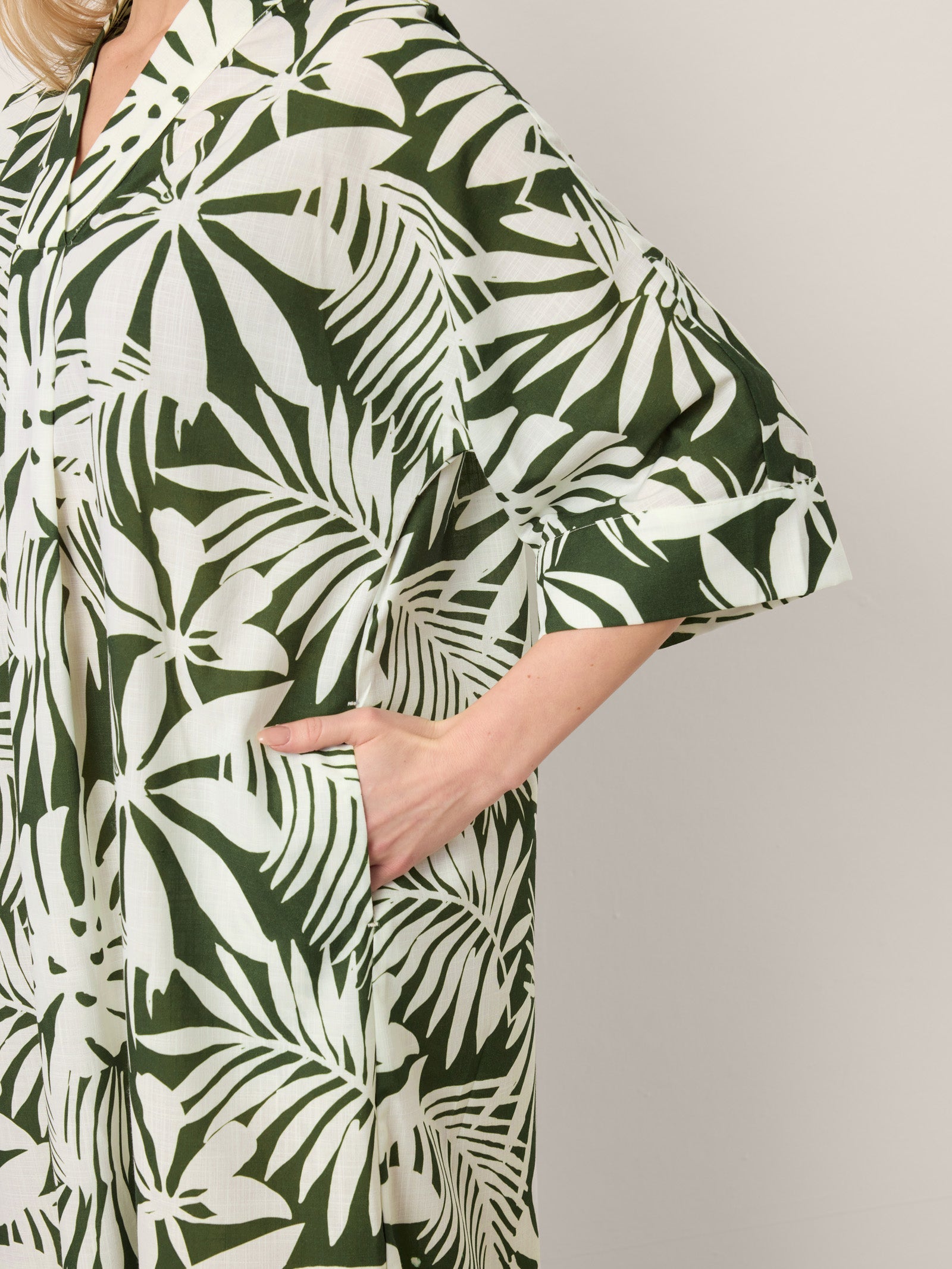 Linen Palm Print Camp Collar Relaxed Maxi Shirt Dress MINERVA