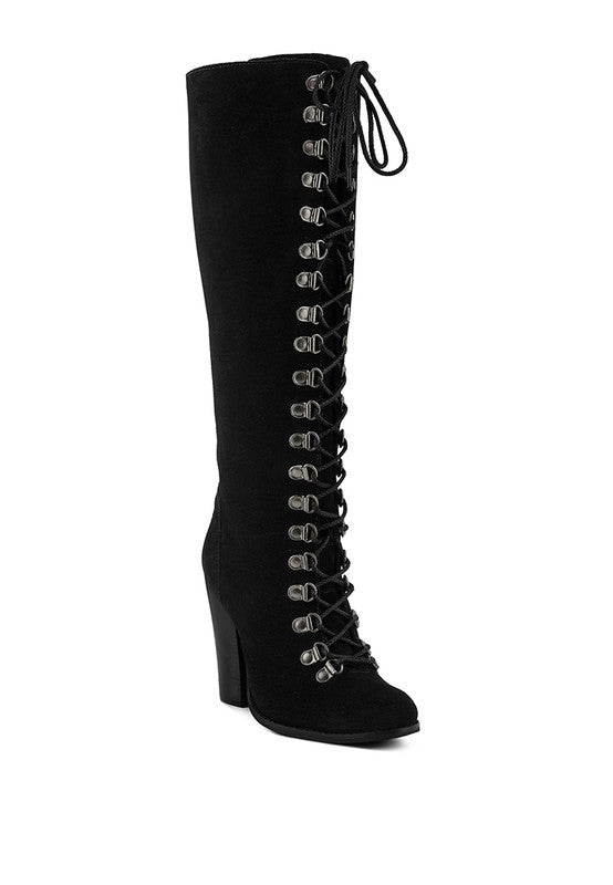 Size US 7 Black Antique Eyelet Block Heel Lace Up Calf Boot