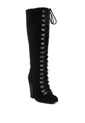 Size US 7 Black Antique Eyelet Block Heel Lace Up Calf Boot
